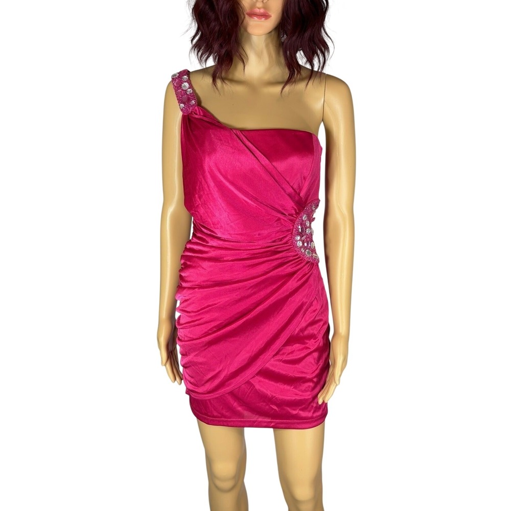Vintage y2k Pink Satin One Shoulder Ruched Mini Dress Rhinestone Party MEDIUM - Picture 2 of 10